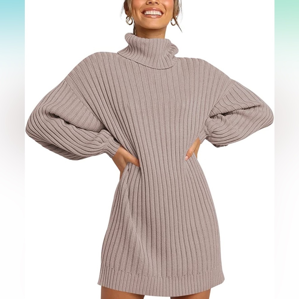 ANRABESS Women Turtleneck LongLantern Sleeve Casual Loose Oversized SweaterDress